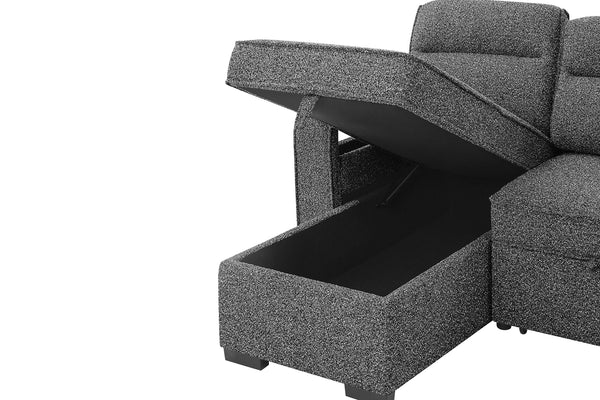 Sofá esquinero tapizado en gris con un cajón de almacenamiento extraíble sobre un fondo blanco.