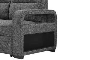 Sofá seccional gris texturizado con pantalla negra sobre fondo blanco.
