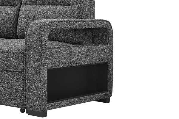 Sofá seccional gris texturizado con pantalla negra sobre fondo blanco.