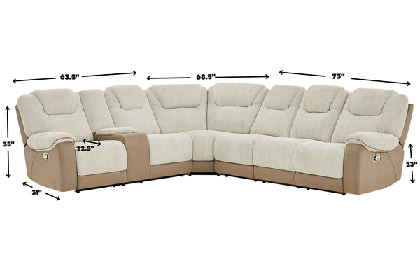 Sofá seccional reclinable en tonos beige y camel con consola central y portavasos integrados. La imagen muestra medidas de cada módulo, incluyendo altura de 35 pulgadas, profundidad de 31 pulgadas y asientos de 22.5 pulgadas de profundidad.