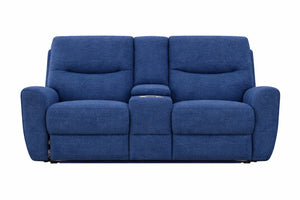 Loveseat con consola azul reclinable sobre fondo blanco.