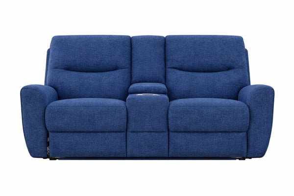 Loveseat con consola azul reclinable sobre fondo blanco.