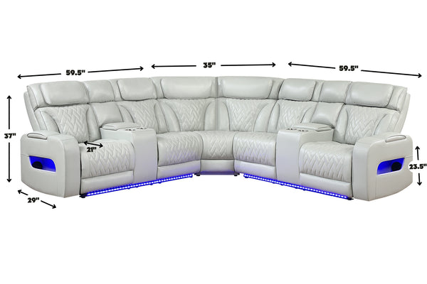 Sofá seccional reclinable en color gris claro con tapizado acolchado, portavasos integrados y luces LED azules en la base. La imagen incluye medidas del mueble, con altura de 37 pulgadas, profundidad de 29 pulgadas y módulos laterales de 59.5 pulgadas.