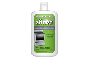 Botella de abrillantador de acero inoxidable Affresh sobre fondo blanco