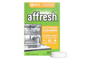 Caja de limpiador para lavaplatos Affresh con una pastilla redonda blanca en la parte delantera, sobre un fondo blanco liso.