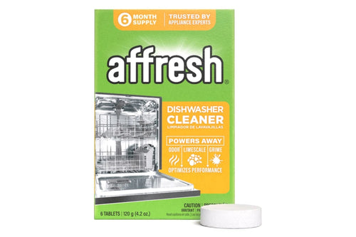 Caja de limpiador para lavaplatos Affresh con una pastilla redonda blanca en la parte delantera, sobre un fondo blanco liso.