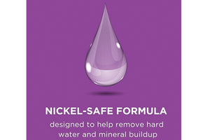Ilustración de una gota sobre fondo morado que representa una fórmula segura para componentes de níquel, diseñada para ayudar a eliminar acumulación de minerales y residuos de agua dura en máquinas de hielo.
