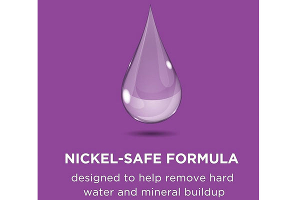 Ilustración de una gota sobre fondo morado que representa una fórmula segura para componentes de níquel, diseñada para ayudar a eliminar acumulación de minerales y residuos de agua dura en máquinas de hielo.