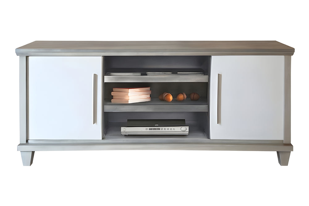 Consola de entretenimiento blanca y gris con tapa de madera sólida sobre fondo blanco