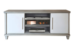 Consola de entretenimiento blanca y gris con tapa de madera sólida sobre fondo blanco