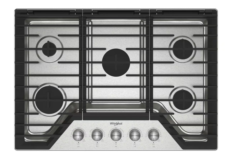 Tope de gas Whirlpool con cinco quemadores sobre fondo blanco