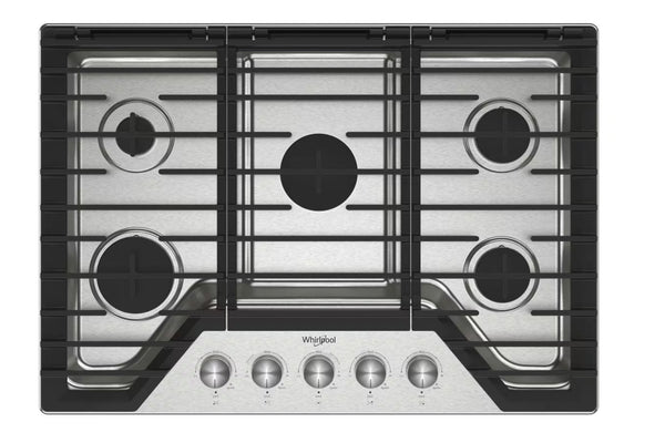 Tope de gas Whirlpool con cinco quemadores sobre fondo blanco