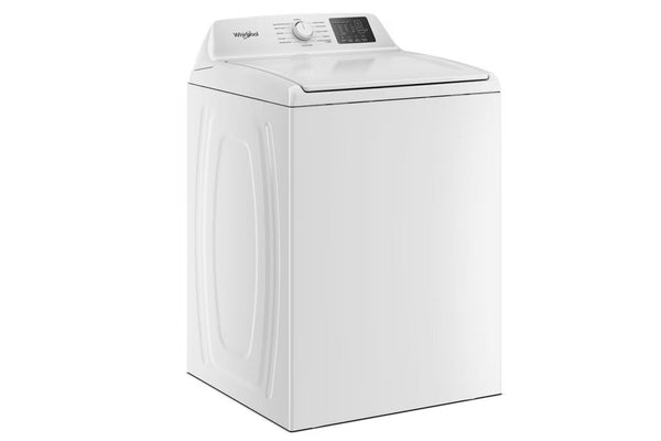 Lavadora blanca 'Whirlpool' sobre fondo blanco.