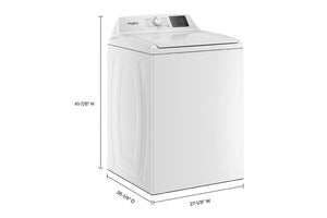 Lavadora Whirlpool de color blanco, con dimensiones etiquetadas sobre fondo blanco.
