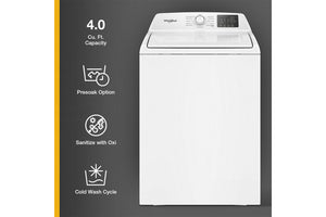 Lavadora blanca con características enumeradas sobre un fondo gris.