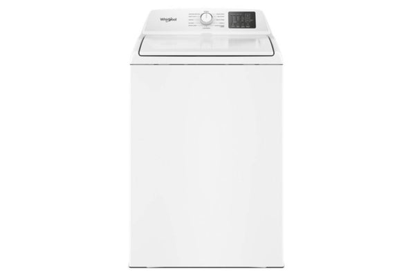 Lavadora blanca 'Whirlpool' sobre fondo blanco.