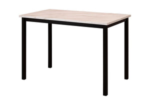 Mesa de comedor rectangular tipo counter con cubierta blanca efecto mármol y estructura negra de líneas rectas, presentada sobre fondo blanco.
