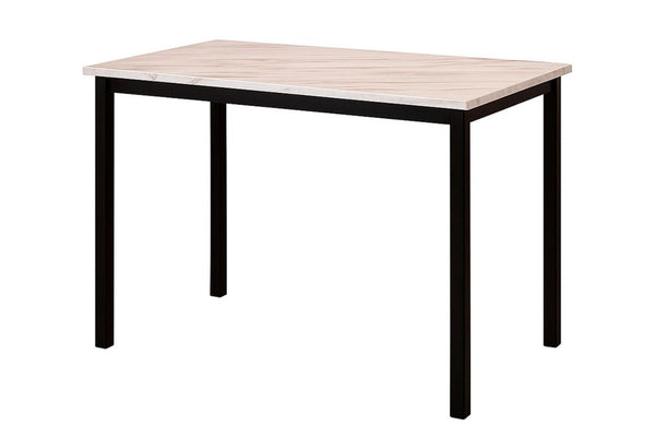 Mesa de comedor rectangular tipo counter con cubierta blanca efecto mármol y estructura negra de líneas rectas, presentada sobre fondo blanco.