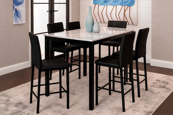 Juego de comedor tipo counter con mesa rectangular de cubierta blanca efecto mármol, estructura negra y seis sillas altas negras tapizadas con respaldo y reposapiés.