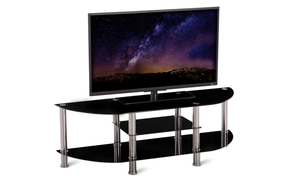 Mueble de televisión de cristal negro con un televisor que muestra una escena de una noche estrellada sobre un fondo blanco.