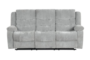 Conjunto de sofás reclinable gris sobre fondo blanco.