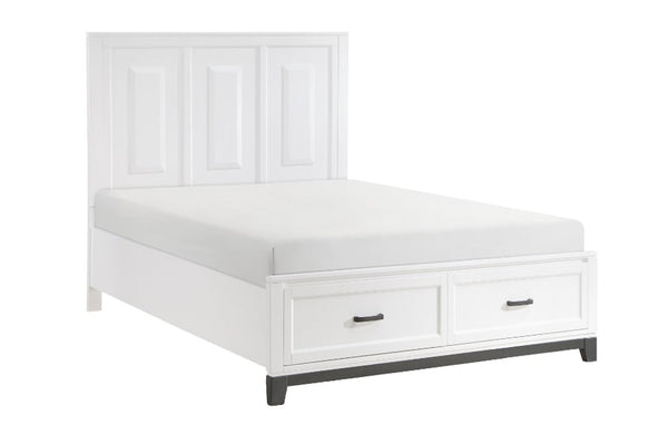 Cama de madera blanca con dos armarios para almacenaje en los laterales, sobre fondo blanco.