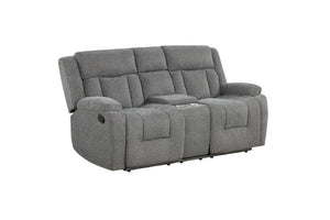 Loveseat gris reclinable manual sobre fondo blanco.