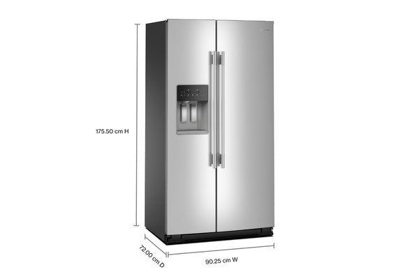 Una nevera de acero inoxidable de dos puertas con etiquetas de dimensiones que muestran 175,50 cm de altura, 90.