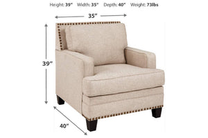 Sillón beige con dimensiones y peso mostrados sobre un fondo blanco.