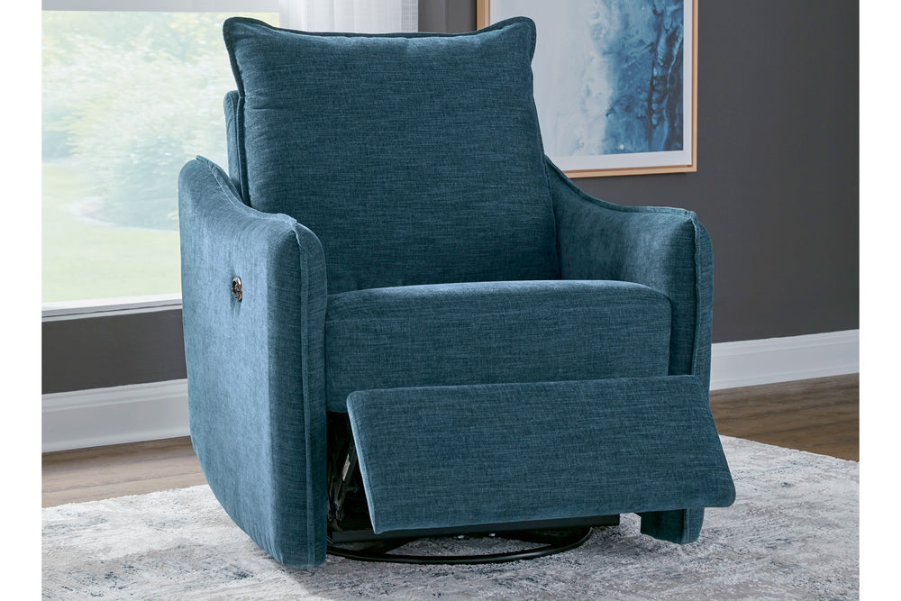 Sillón reclinable eléctrico y giratorio en tela azul texturizada, ideal para sala de estar moderna,