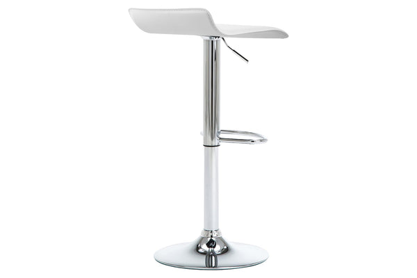 Taburete de color blanco con base metálica con ajuste de altura y reposapiés sobre un fondo blanco. 