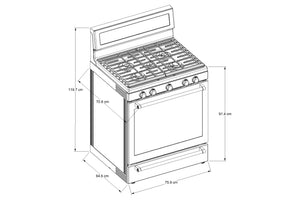 Diagrama de dimensiones de estufa de gas independiente con cinco quemadores y horno inferior. Muestra medidas aproximadas de 119.7 cm de alto, 75.9 cm de ancho, 64.6 cm de profundidad y 91.4 cm de altura de la superficie de cocción.
