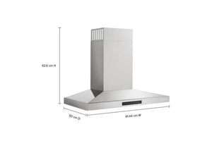 Campana extractora de acero inoxidable con etiquetas de dimensiones que muestran 9144 cm de ancho, 50 cm de profundidad y 626 cm de alto sobre un fondo blanco.