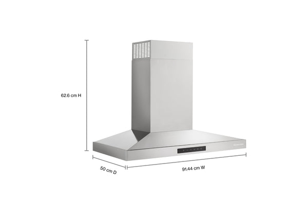 Campana extractora de acero inoxidable con etiquetas de dimensiones que muestran 9144 cm de ancho, 50 cm de profundidad y 626 cm de alto sobre un fondo blanco.