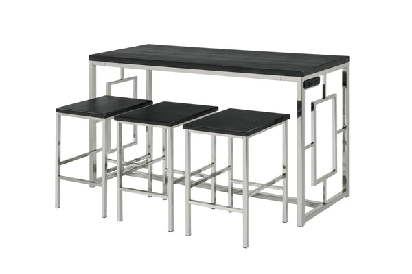 Mesa rectangular "counter height" con tres taburetes en un fondo blanco. 