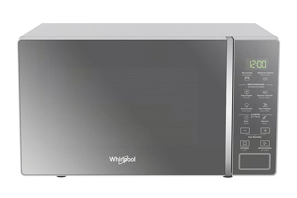 Microondas Whirlpool plateado sobre fondo blanco