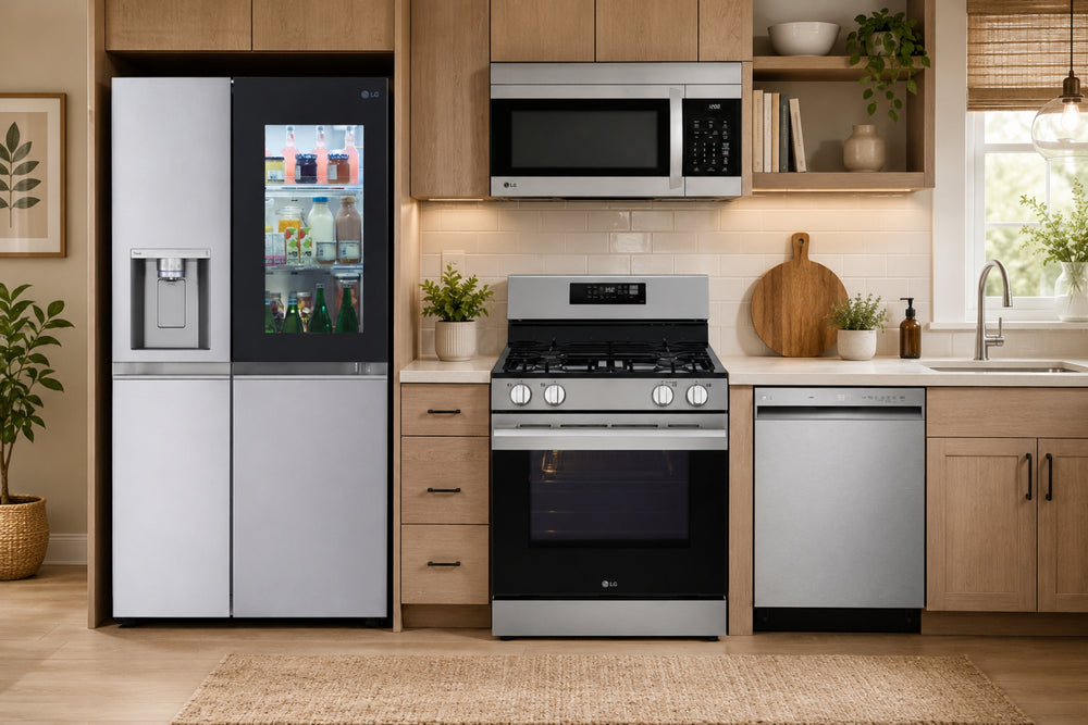 Una escena de cocina moderna que incluye una nevera LG de acero inoxidable y color negro con puerta de vidrio que deja ver el interior, junto con una estufa de gas, microondas, lavavajillas y gabinetes de madera clara a juego.