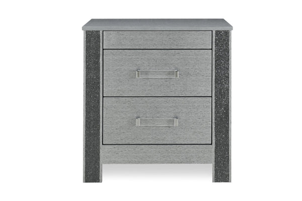 Mesa de noche gris texturizada con dos gavetas sobre fondo blanco.