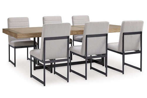 Juego de mesa de comedor con seis sillas sobre fondo blanco.