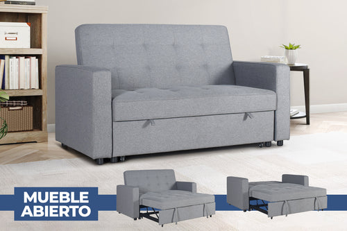 Sofá cama en forma normal con brazos y respaldar en una sala de hogar minimalista con objetos decorativos. 