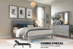 Un dormitorio decorado que muestra una cama gris claro, una cómoda gris a juego y un sillón negro sobre una alfombra blanca, con el texto "COMBO 3 PIEZAS" y una pequeña imagen del sillón. No hay ninguna persona ni animal presente, pero no se trata de una fotografía de producto aislada y nítida, ya que es una escena de la habitación completa, por lo que la categoría Estilo de vida se ajusta mejor a la categoría Producto/Embalaje.