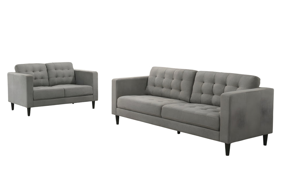 Conjunto de sofá y loveseat grises sobre fondo blanco.