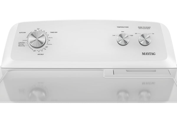 Un panel de control de una lavadora Maytag de carga superior, de color blanco, con mandos plateados y el logotipo de MAYTAG sobre un fondo blanco limpio.
