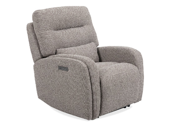 Butaca reclinable eléctrica de color crema grisáceo sobre un fondo blanco. 