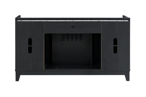 Vista posterior de mesa de entretenimiento de color negro y con chimenea integrada sobre un fondo blanco. 