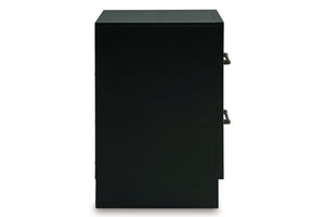 Vista lateral de mesa de noche enmarcado en negro con dos gavetas sobre un fondo blanco. 