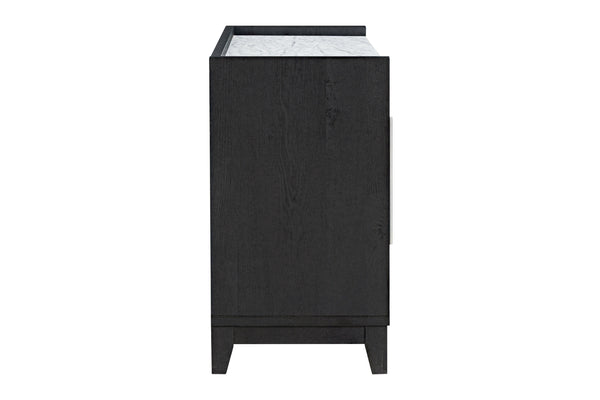 Vista lateral de mesa de entretenimiento de color negro y con chimenea integrada sobre un fondo blanco. 