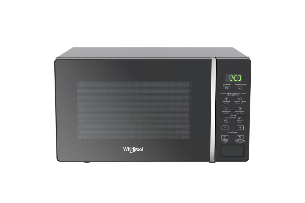 Un horno microondas Whirlpool con acabado gris oscuro, que cuenta con puerta de cristal, tirador vertical plateado y panel de control digital en el lado derecho, mostrado sobre un fondo blanco liso.