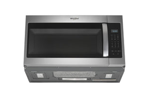 Microondas con Extractor Whirlpool de acero inoxidable sobre fondo blanco