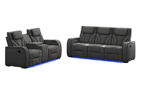 Juego de sala reclinable en color gris oscuro compuesto por sofá de tres plazas y loveseat de dos plazas. Cuenta con cabeceras acolchadas, portavasos integrados e iluminación LED azul en la base para un estilo moderno y funcional.